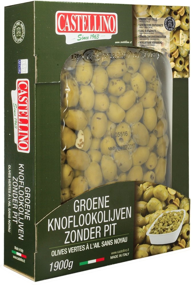 Olives vertes à l'ail dénoyautées